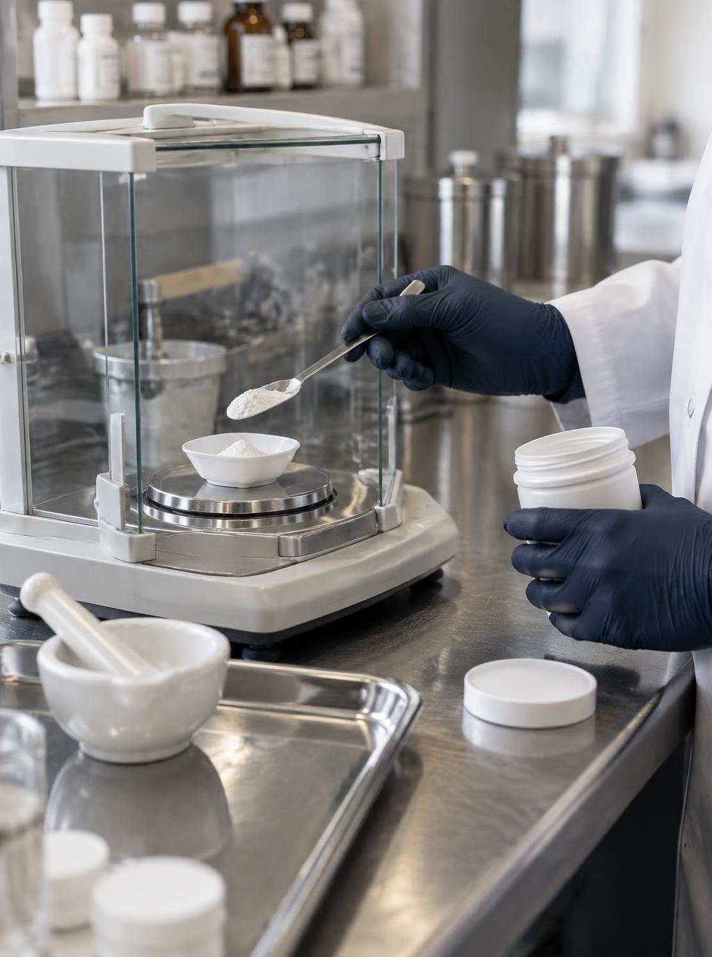 Illustrative concept of a pharmacist measuring ingredients in a compounding lab